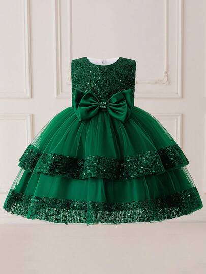 Elegant Party Dress For Young Girls With Round Neck, Sequins, Bowknot And Tulle, Suitable For Party And Holiday Celebration, Headband Not Included