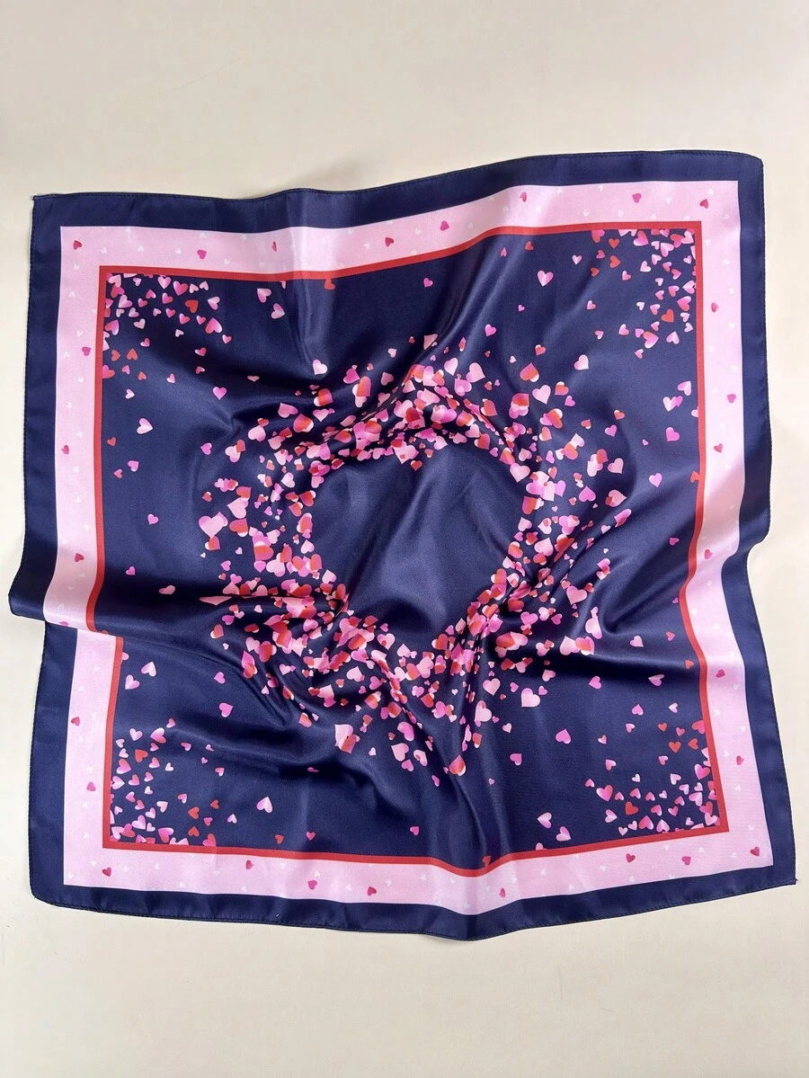 1 Peça Lenço de Cetim Elegante com Estampa de Coração para Mulheres, Lenço de Pescoço, Lenço de Cabeça - Multicolorido - Visão 1