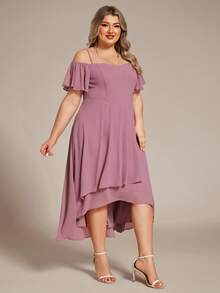 EVERPRETTY Elegant Women's Mid-Length Chiffon Bridesmaid Dress, Spaghetti Strap Cold-Shoulder Ruffle Sleeve Design, Perfect For Weddings And Formal Occasions - Dusty Pink - View 4