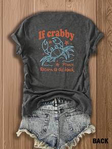 Double-Sided Printing, Ladies' T-Shirts, Ladies' -Blend T-Shirts, Independence Day, Gifts-Crabby Crab Print T-Shirt - Fun & Quirky Beach-Themed Design For Summer Outfits, Perfect For Vacation Wear And Coastal Lovers - 深灰色 - 查看 3