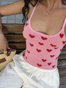FOR BEAUTY Valentine's Day Pink Heart Pattern Knit Camisole, Fashionable Beach Outfit For Women, Spring/Summer New Arrival, Comfortable Casual Date/Beach Vacation Wear, Versatile Lightweight Knit Top For Daily/Commute - Pink - View 4
