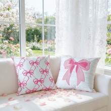 1pc Bow Embroidered Decorative Pillow Cover, Ins Style Living Room Sofa Cushion Cover With Bow Embroidery And Printed Design, Dual Craftsmanship Pillow Sham For Window Seat, Headboard, Valentine's Day, Wedding, Without Insert - Multicolor - View 4