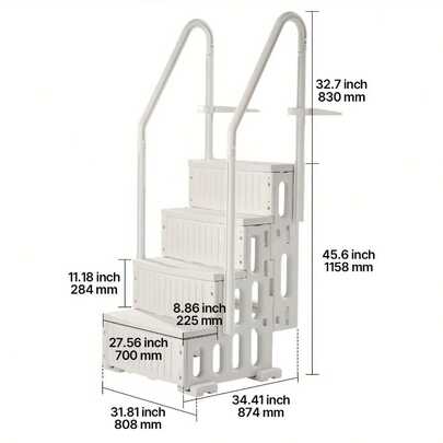 4-Step, Double Armrests/HooksWhite Pool Ladder Of 2 Handrails Supports 181.44 KG For 121.92-137.16 Cm Pools