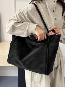 1 件纯色复古简约时尚手提包，大容量腋下多功能通勤包 - 黑色 - 查看 4