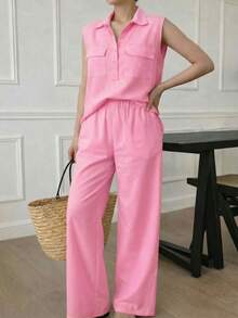 A&DD MODA, REF: AS1923 - Women's Set Consisting Of A Sleeveless Blouse And Pants. The Blouse Has A High V-Neck And Pockets; The Pants Have A Straight Cut, Elastic Waistband And Pockets, Ideal For Everyday Wear, With A Very Casual Style. - 粉色 - 查看 5