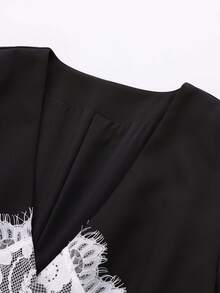Women's Lace Patchwork V-Neck Long Sleeve Blazer Jacket, Suitable For Evening Date, Birthday Party, Formal Dinner, Autumn/Spring Black - Black - View 9