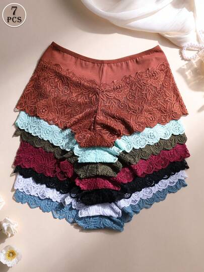 7 PCS Women's Mid-Rise Cotton Lace Splicing Boyshorts Sexy Hip Lifting Shaping Underwear – Comfortable & Breathable Seamless Panties Daily Wear, Sports, Yoga Lingerie