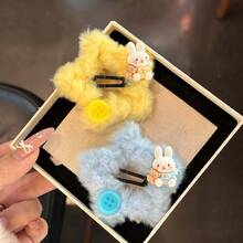 2/4个可爱毛绒兔子发夹 - 饰有卡通兔子和熊图案，星形蓬松发夹，彩色纽扣设计，甜美柔软的发饰，适合日常女士发型 - 彩色 - 查看 8