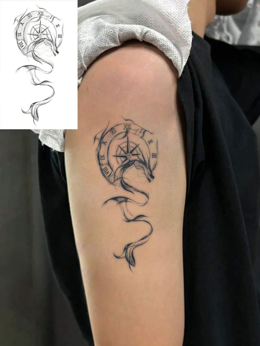 1片装，7-14天持久草本临时纹身贴纸，哥特风格手臂时钟和龙纹身贴纸，男士适用，防水，适合人群 - 聖誕節 - 查看 1