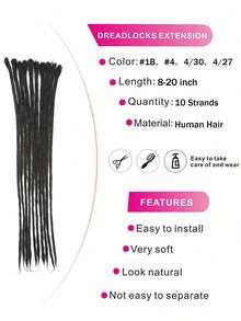 10-Strand Handmade Dreadlock Extensions, Real Human Hair, 0.6cm Wide, Reggae Hip Hop Style - Natural Black - View 2