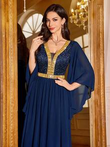 MIUSOL Deep V-Neck Floral Lace Contrast Sequin Ruffle Sleeve Pleated Hem Chiffon Formal Party Maxi Dress, Elegant Ladies Party Gown, Formal Evening Dress, Ball Gown, Suitable For Wedding Guest, Graduation Ceremony, Gala Dinner And Other Occasions - Navy Blue - View 8