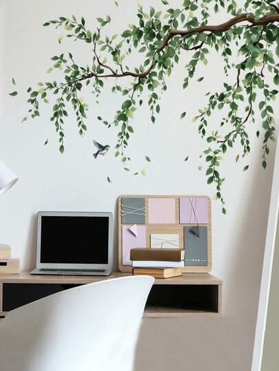 1 Set (2 hojas) Vinilos decorativos con diseño de rama, hojas y pájaros de Poinciana enana en estilo acuarela, adecuados para dormitorio, comedor y otras decoraciones de pared, vinilos removibles, decoración de habitación, decoración del hogar, personalizables