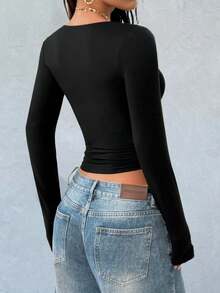 1PC Sexy Versatile Black Long Sleeve T Shirt For Women Western Style Ice Silk Fabric Square Neck Lace Trim Spliced Casual Fashion Soft Comfortable Home Daily Office Commute Party Date Travel Gift For Girlfriend Mom Daughter Friend Anniversary Present Limited Quantity Per Order - 黑色 - 查看 5