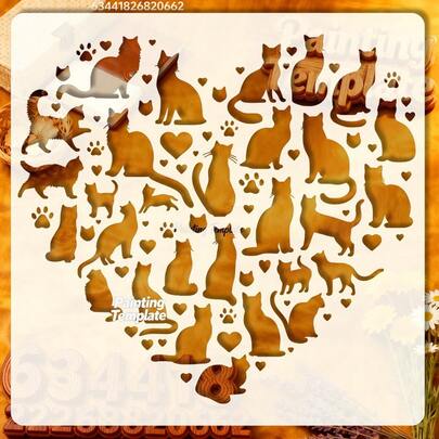 1個 猫シルエットテンプレート - ハート型DIYクラフトテンプレート、様々なポーズ(座る、横たわる、ジャンプ)の猫と肉球パターンが含まれる - 白いプラスチック製、スクラップブッキング、猫テーマのクラフト、ホームデコレーションに適しています