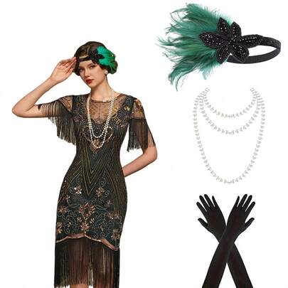 1920年代复古派对服装套装：翠绿色羽毛水钻发箍增添灵动亮点，多层珍珠项链搭配黑色长手套，整套服装完美再现了爵士时代的奢华优雅氛围。
