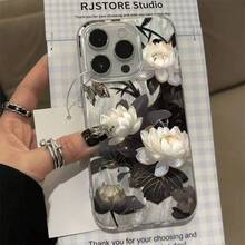 Funda para teléfono con diseño estético de hoja negra y flor de loto blanco, patrón de arte creativo, compatible con  17, 17 Pro, 17 Pro Max, 17 AR,  16 Pro Max, 15 Pro Max, 14, 13, 12, 11, 11 Pro Max y otros modelos.Carcasa dura a prueba de golpes - Color mezclado 1-1318 - Ver 4