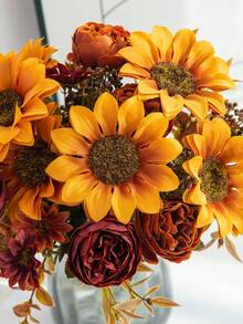 1PC 12.2inch Artificial Sunflower Peony Mixed Flowers Bridal Holding Bouquet Wedding Decoration DIY Wreath Materials Birthday Party Party Party Decoration Materials Home Dining Living Room Vase Outdoor Garden New Year's Gift, Rama Decoration,Valentine's Day Gift - Orange-red - View 7