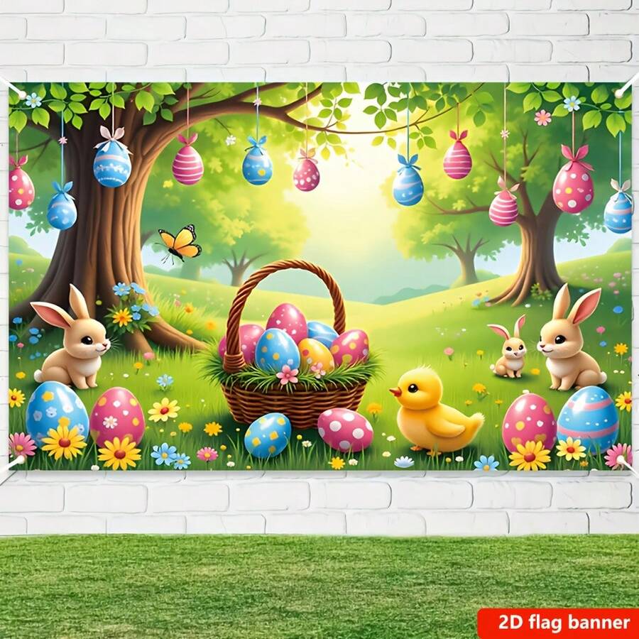 Un lienzo de terciopelo con diseño vibrante de primavera con un conejo de Pascua, huevos, flores y mariposas, colgante de pared de poliéster, adecuado para pancartas de fiestas familiares, con varios escenarios y tamaños a elegir. - Multicolor - Ver 1