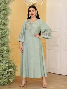 2026 New Style Elegant Embroidered Gold Arabic Dress JALABIA, Round Neck Long Sleeve, Fashionable And Graceful - Green - View 10