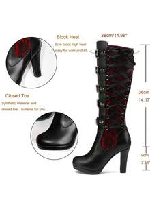 Women's Y2K Goth Knee High Boots With Buckle Block Heel Lace Up Knee-High Boots With Zip Punk Platform Tall Boots Dress Party Halloween Combat Boots - 紅色 - 查看 5