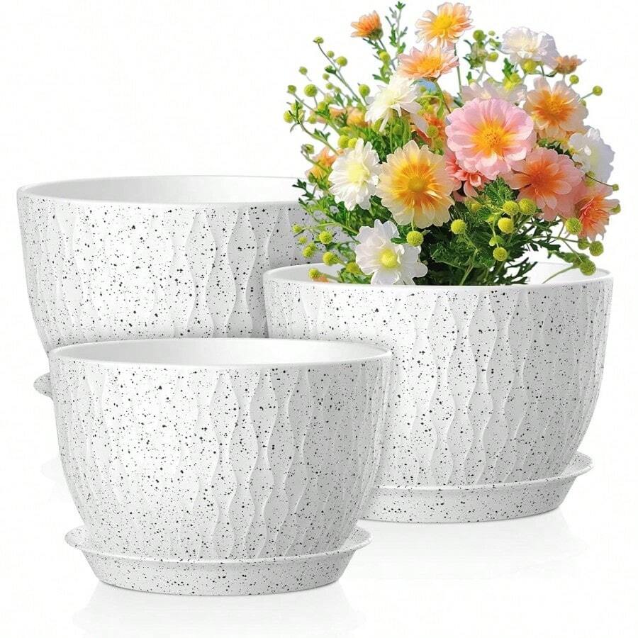 12/10/9 Inch Large Flower Pots, 3 Set Big Plant Pots Outdoor Indoor Plants With, Wide Plastic Planters With Drainage Holes And Saucers Garden House Plants, Speckled White - White With Black Speckles + 12+10+9 Inch - View 1