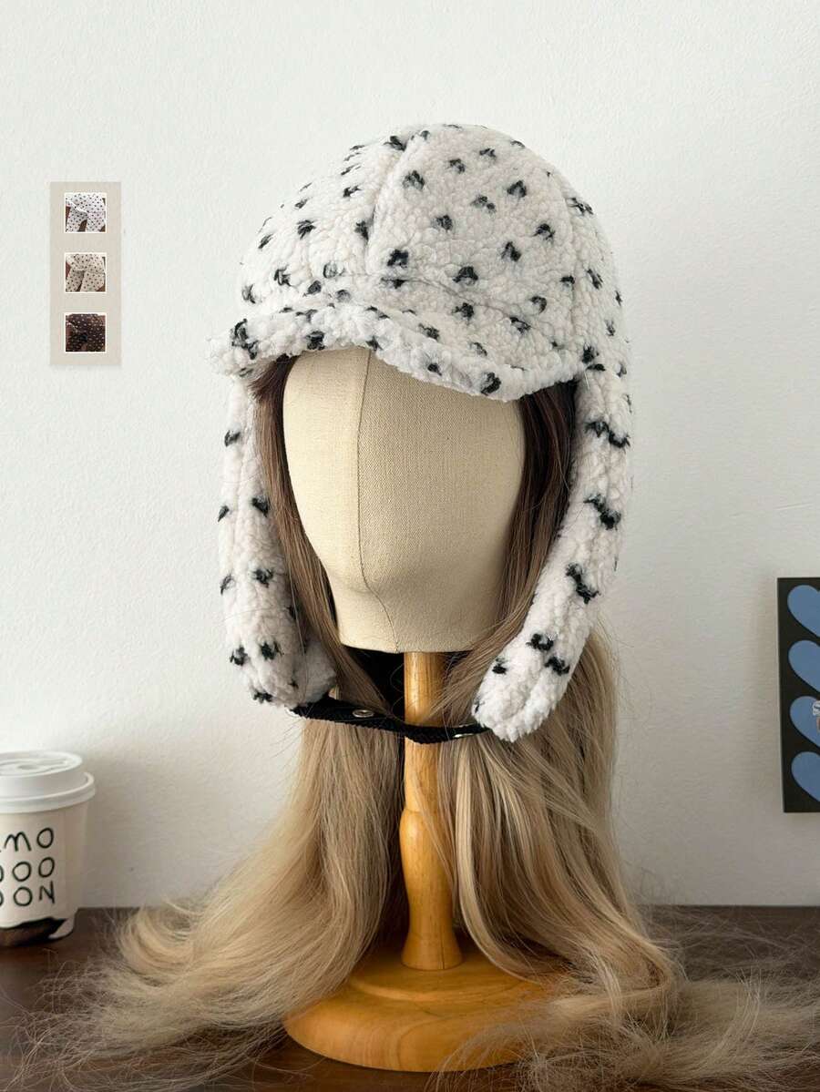 1pc Polka Dot Shearling Ushanka, Thick Thermal Lined Ear Flap Hat For Women, Warm Winter Pilot Cap With Large Head Circumference