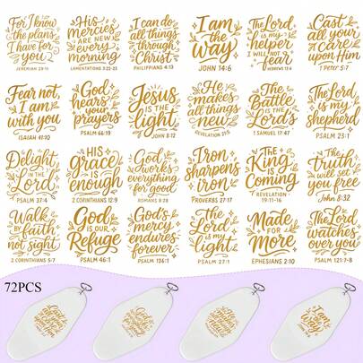 72PCS Golden Bible Scripture Minimal Christian Quote UV DTF Keychain Stickers - Waterproof Designs, UV DTF Transfer Stickers Jesus, Bible, Religious Quotes, Bible Verse Festive Designs Perfect For Decorating Motel And Hotel Keychains, Easy To Use. DIY Handicraft Gifts, Office Supplies