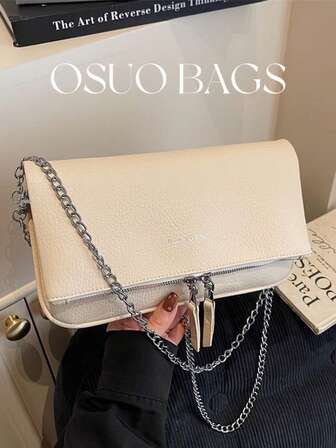 1pc New Women PU Leather Lizard Grain Chain Shoulder Bag, Simple Fashion Flap Square Crossbody Bag, Detachable Strap
