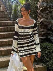 1pc Knitted Hollow Out Contrast Color Beach Cover Up, Suitable For Summer Vacation Beach Wear, Long Sleeve Sun Protection Cover Up Dress - Black and White - View 3