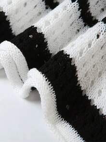 1pc Knitted Hollow Out Contrast Color Beach Cover Up, Suitable For Summer Vacation Beach Wear, Long Sleeve Sun Protection Cover Up Dress - Black and White - View 7