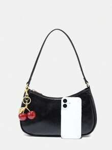 Novachic, Women's Fall Outfits, Floral Patterned Fabric, Cute Pendant Decor, Cherry Pendant, Women's Minimalist Shoulder Bag, Zipper Closure, Retro Style, Underarm Bag, Suitable For Multiple Occasions, Small Bags - màu đen - Xem 5