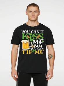 St. Patrick's Day Irish Theme T-Shirt - "You Can't Mess With Me, I'm Irish" Shamrock And Beer Print, Breathable Blend, Lightweight Short Sleeve T-Shirt, Suitable For St. Patrick's Day Party, Casual Wear, And Irish Pride (Green/Yellow) - 黑色 - 查看 1