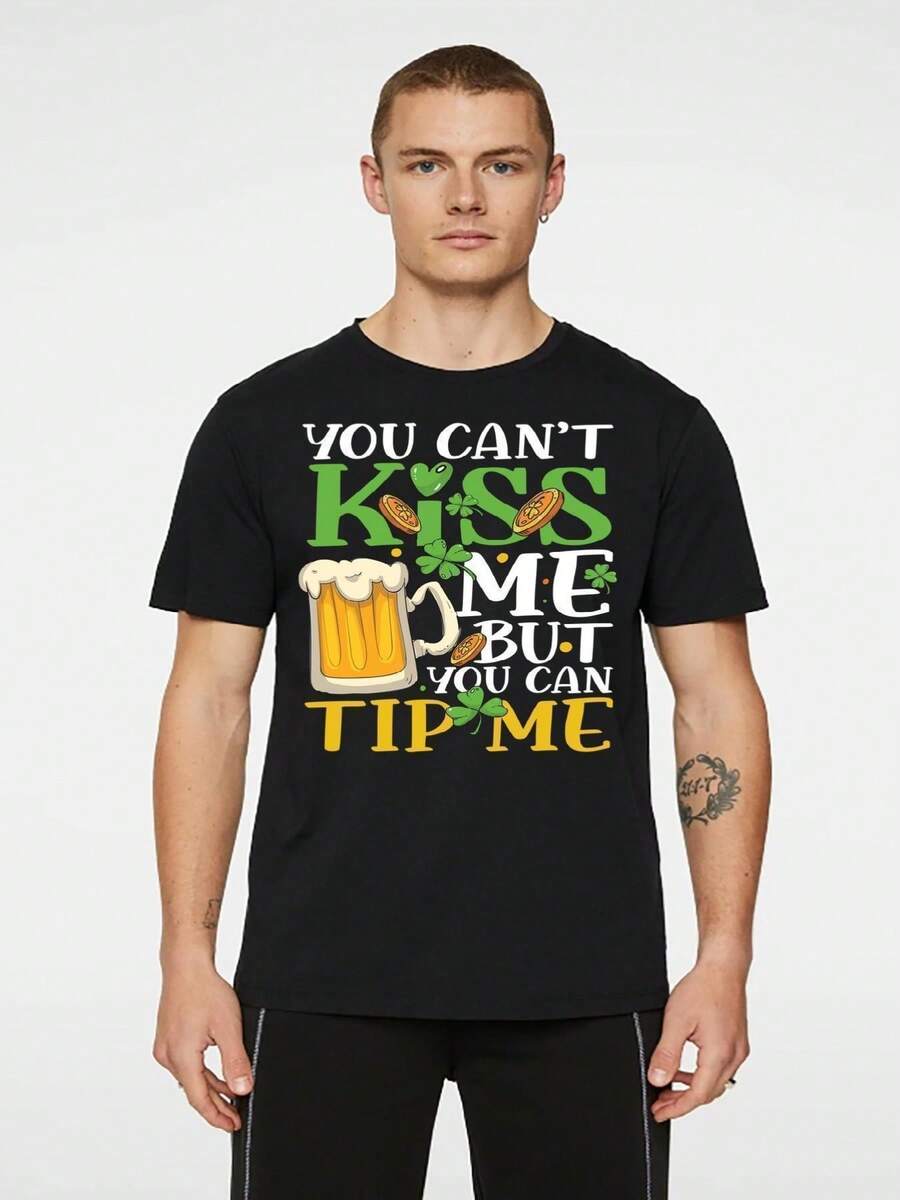 St. Patrick's Day Irish Theme T-Shirt - "You Can't Mess With Me, I'm Irish" Shamrock And Beer Print, Breathable Blend, Lightweight Short Sleeve T-Shirt, Suitable For St. Patrick's Day Party, Casual Wear, And Irish Pride (Green/Yellow) - 黑色 - 查看 1
