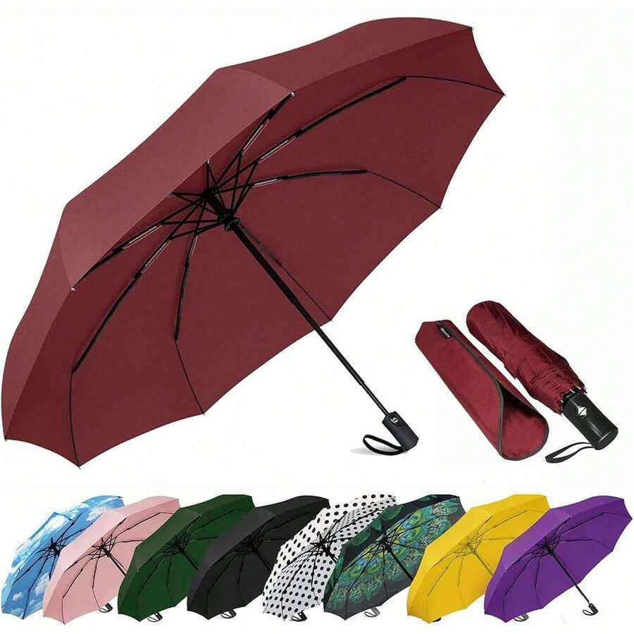 Windproof Travel Compact Umbrella-Automatic Umbrellas For Rain-Compact Folding Umbrella, Travel Umbrella Compact, Small Portable Windproof Umbrellas For Men Women Teenage. (Wine Red),42Inch-1Pack,FWineredss - 酒紅色 - 查看 1
