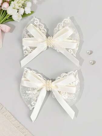 2 piezas Pinzas para el cabello de malla beige para niñas con decoración de perlas, lazos de cinta grosgrán, pinzas de caimán, pasadores elegantes y casuales, regalo diario, accesorios para el cabello para adolescentes