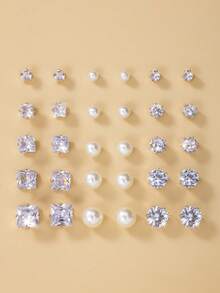 15 Pairs Elegant Rhinestone & Faux Pearl Earrings Set, Versatile Daily Wear Earring Studs For Women - White - View 1
