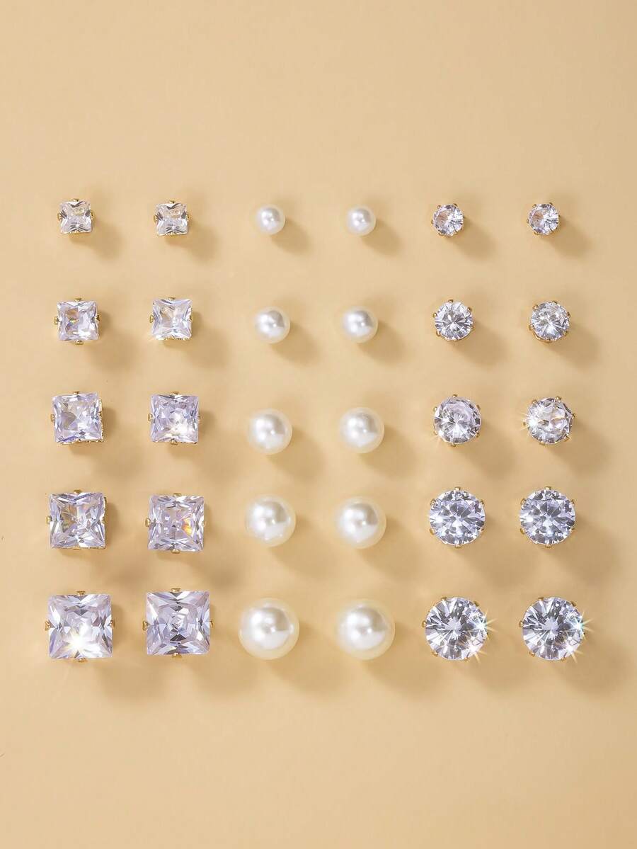 15 Pairs Elegant Rhinestone & Faux Pearl Earrings Set, Versatile Daily Wear Earring Studs For Women - White - View 1