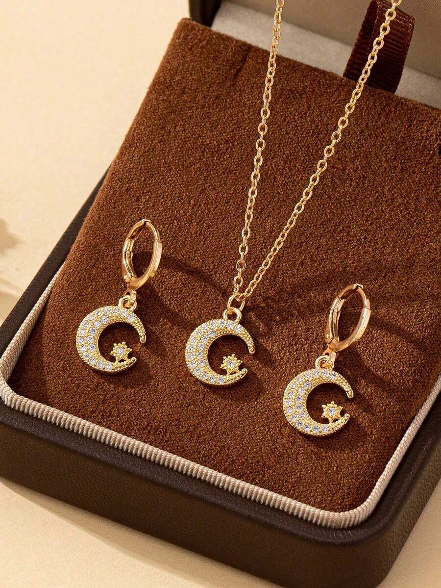 Simple & Elegant Fashion Moon & Star Glass Inlaid Necklace & Earrings Jewelry Set For Women, Suitable For Daily, Vacation And Gift, Ramadan Jewelry Gift, No Box
