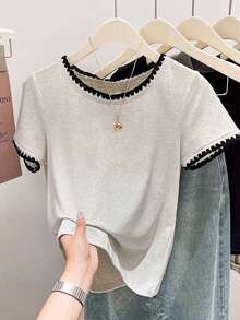 Triangle Hem Minimalist T-Shirt, Holiday, Summer - Light Grey - View 2