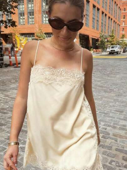 Women Silk Lace Trim Cami Tops Y2k Spaghetti Strap Silky Slip Dress Y2k Backless Going Out Camisole