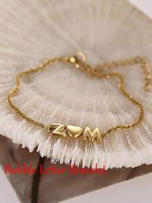Customizable Name Bubble Letter Bracelet With Gift Box, Exquisite Personalized 3D Balloon Letter Heart Couple Bracelet, Stainless Steel Adjustable Square Bead Chain Simple Jewelry, Hip-Hop Style 3D Bubble 26 Uppercase Initial Cuban Link Bracelet - Gold-bubble Letters - View 4