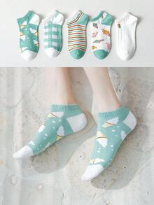 5 piezas Nuevos calcetines cortos de mujer estilo INS 2026, calcetines cortos versátiles con estampados de rayas, frutas, flores, abejas, ciervos, helados, calcetines cortos de unicolor a rayas, accesorios de moda cómodos y casuales - Multicolor - Ver 7