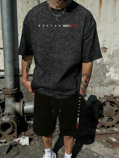 男士休闲百搭复古水洗英文标语短袖T恤短裤套装，春夏款