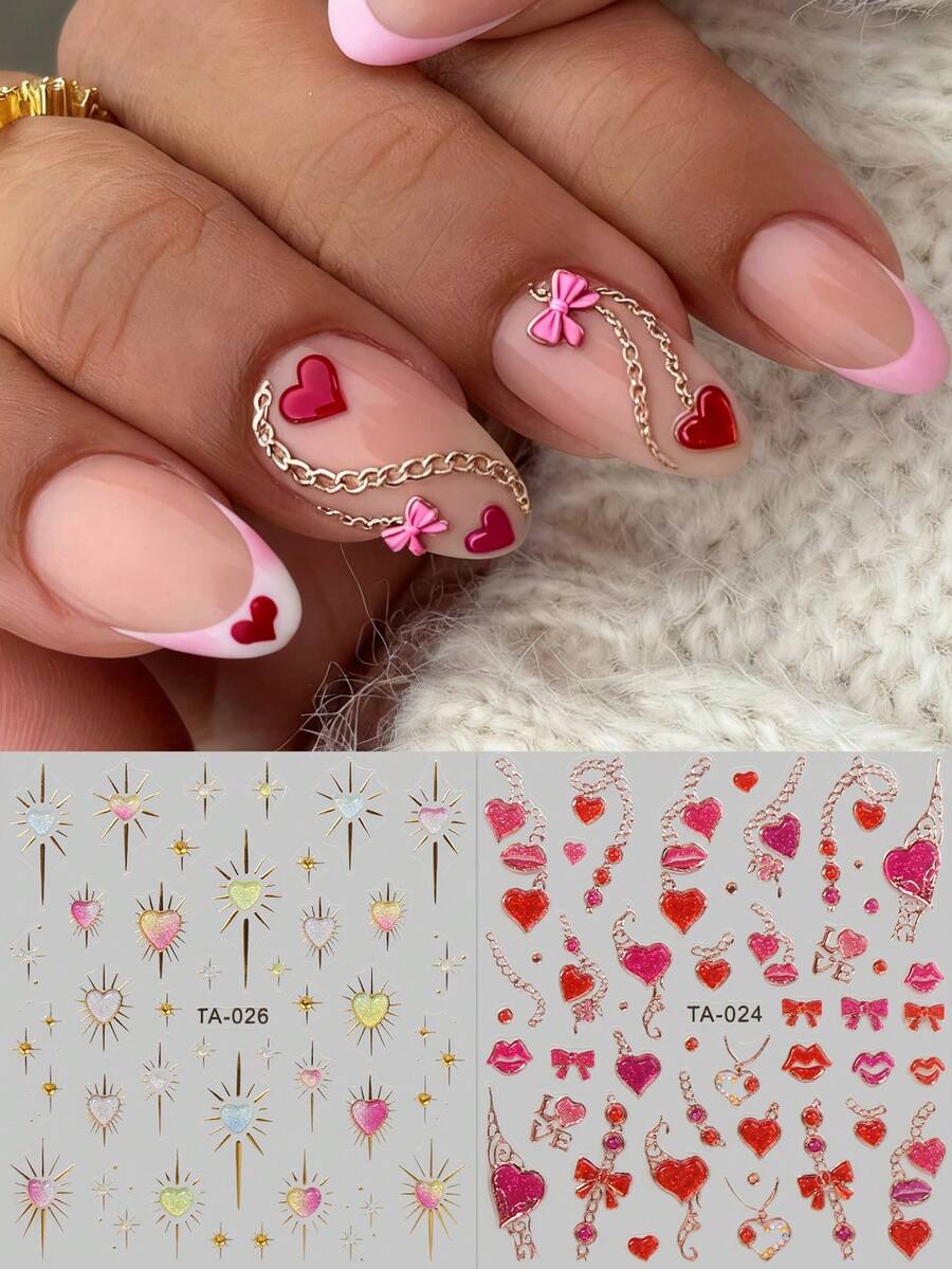 2pcs Valentine's Day Heart Chain Nail Art Embossed Nail Art Stickers - Heart, Chain, Bow, Lips, Necklace Design, 5D Embossed Finish, Easy To Apply Nail Decoration, DIY, Gift, Party, Y2K, Glitter Sticker Nails Nail Supplies