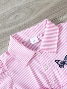 Summer Girls Toddler Pink & White Striped Shirt Dress, Pink & White Fine Stripe Fabric, Collared Button-Front Shirt Silhouette, Puff Short Sleeves With Cuffed Hem, Matching Fabric Oversized Bow Waist Belt To Cinch Waist, Black Butterfly Embroidery Decor On Left Chest, Fresh & Sweet Style With Preppy Vibe - Pink - View 5