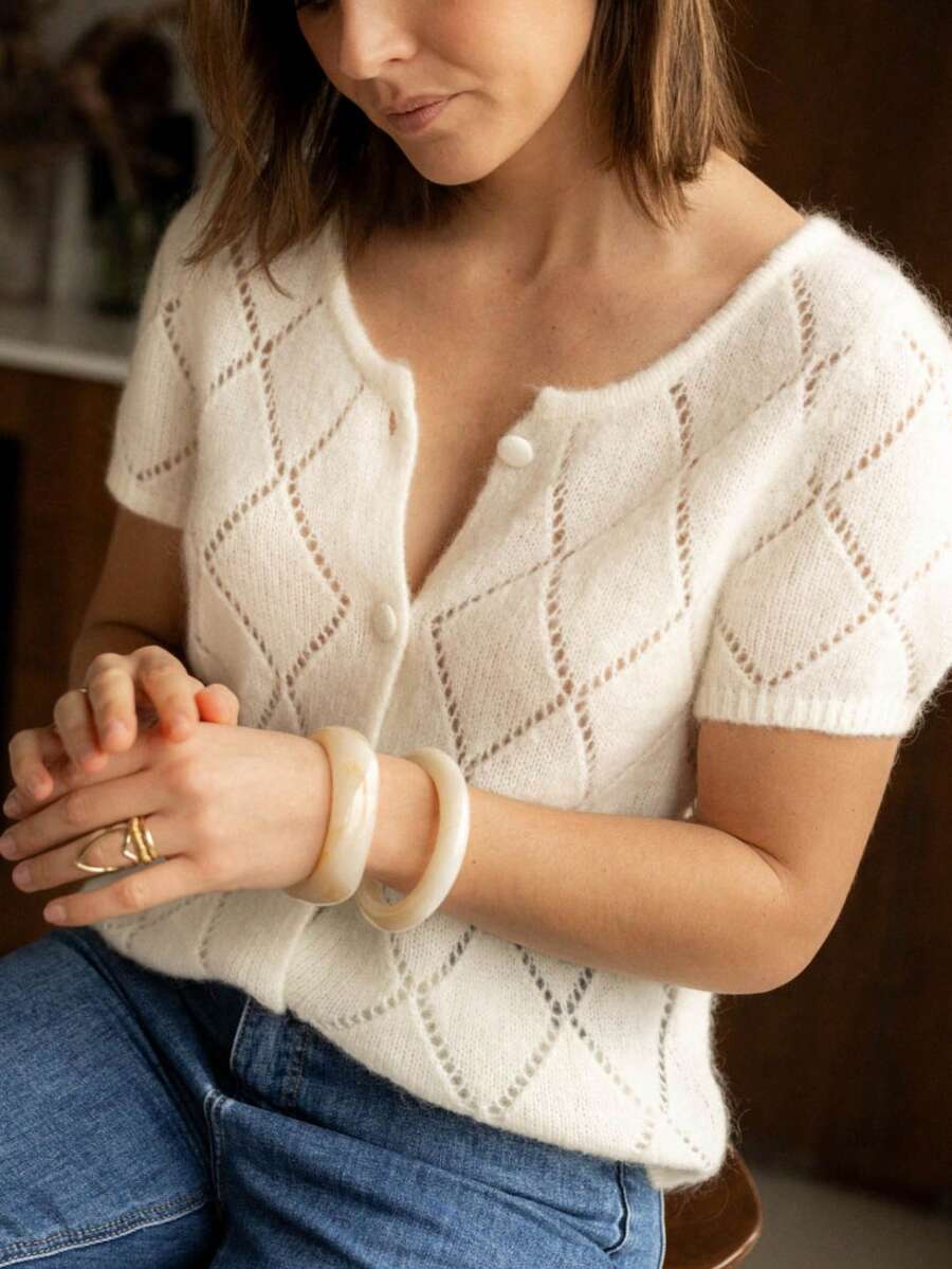 Solid Color Knit Fabric Hollow Out Ribbed Front Button Cardigan Short Sleeve Top, Everyday Wear Spring/Summer White - White - View 1