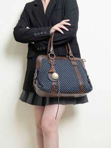 Retro Polka Dot College Style Tote Bag, Fashion Versatile Large Capacity Commuter Handbag (No Accessories Included)