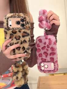 豹纹毛绒手机壳，带腕带，兼容 17/14 Pro Max、14 Pro、14、15 Pro Max、15 Pro、15、16 Pro Max、16 Pro、16、新款 13 Pro Max/13 Pro，简约设计，适合女性，秋冬季款 - 彩色 - 查看 3