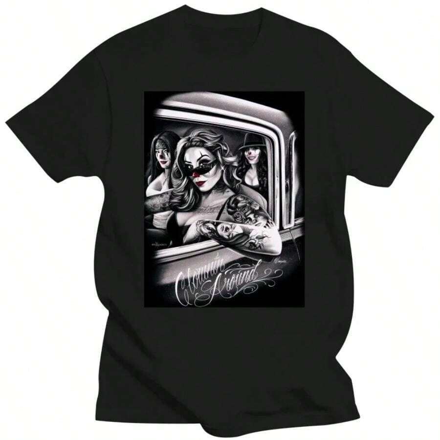 Around Chola Lowrider Chicano DGA Art T-Shirt Custom T-Shirts Men's Clowning Ove - 黑色 - 查看 1