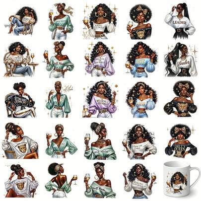 24张非洲女性主题贴纸，UV DTF转印贴纸套装，防水防刮，高品质自粘纸，适用于家具、玻璃等，易于粘贴 - 黑色时尚女孩转印纸，非常适合马克杯工艺品和水瓶。DIY家居生活灵感之选。